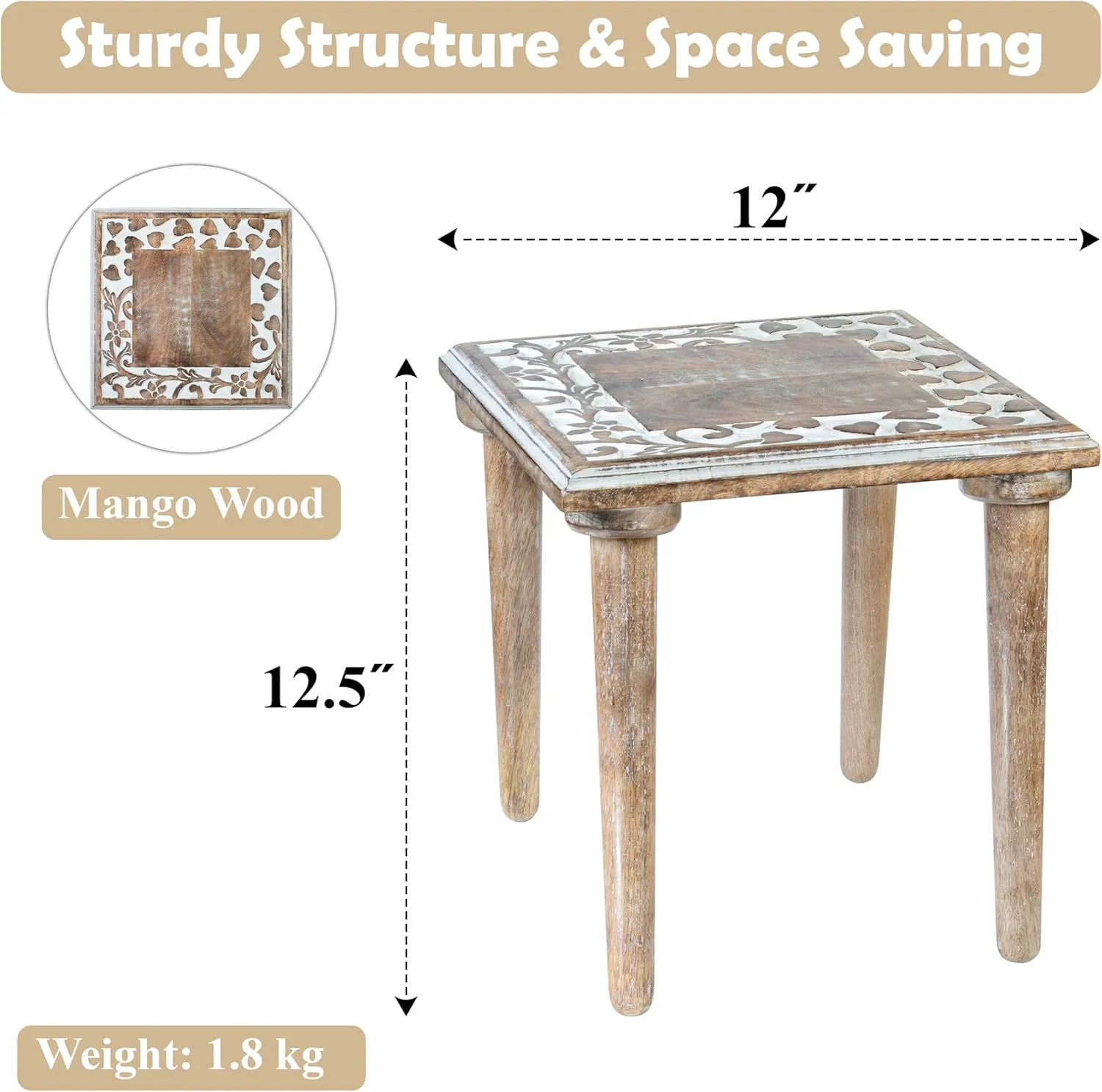 Crocon Side Table, Small End Table for Living Room Bedroom Office Patio Small Spaces Bedside Table Nightstand White Washed Coffee Table Home Decor Wood Stool for Plant Flower pots, 12 x 12.5 Inch
