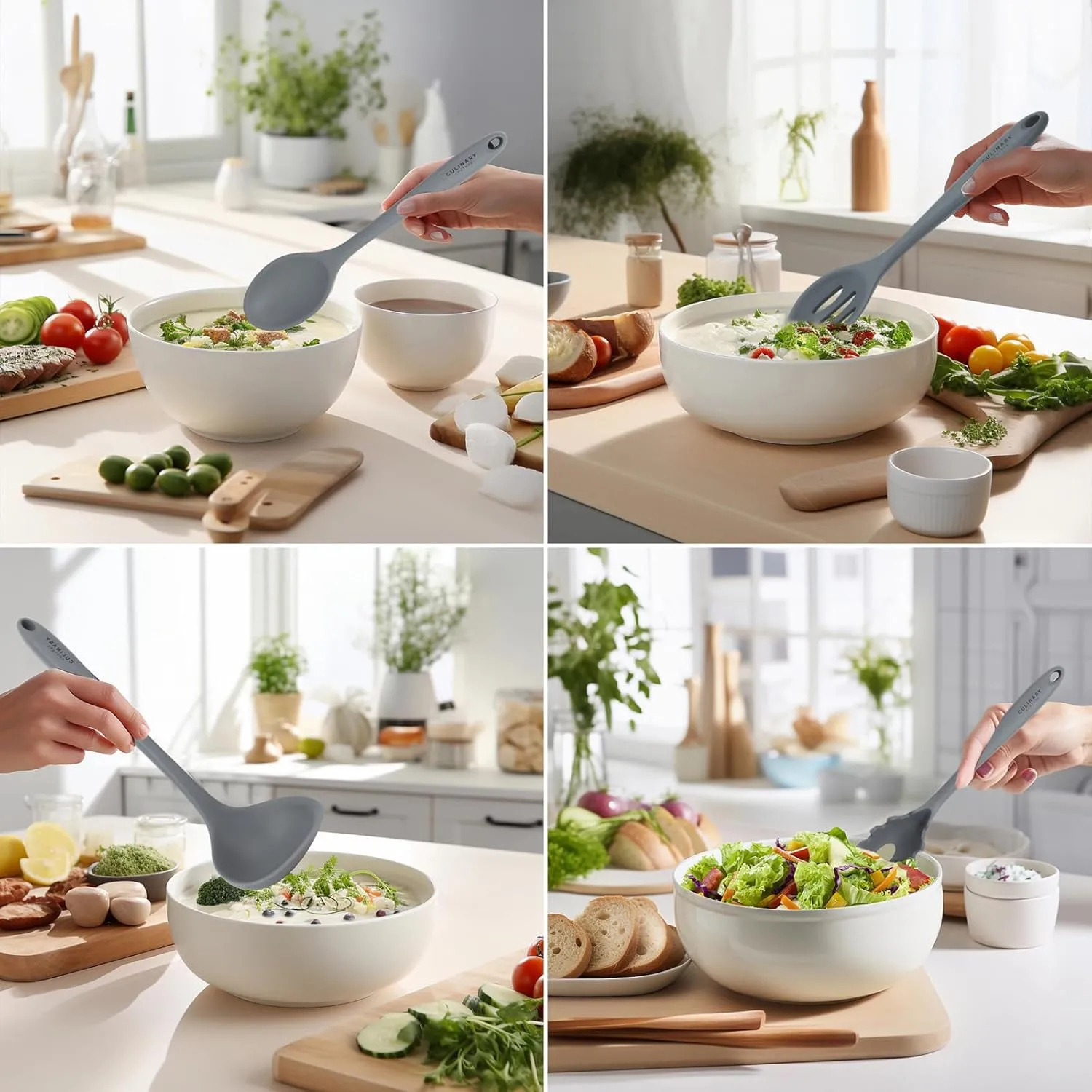 Culinary Couture Grey Silicone Kitchen Utensils Set of 6, Non-Stick Heat-Resistant Silicone Kitchen Utensils Set with Steel Inner Core