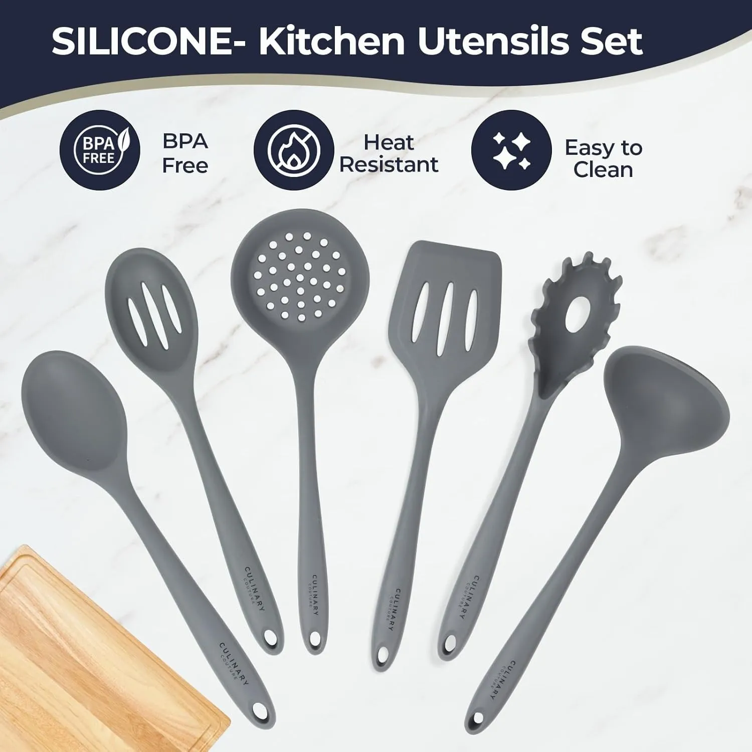 Culinary Couture Grey Silicone Kitchen Utensils Set of 6, Non-Stick Heat-Resistant Silicone Kitchen Utensils Set with Steel Inner Core