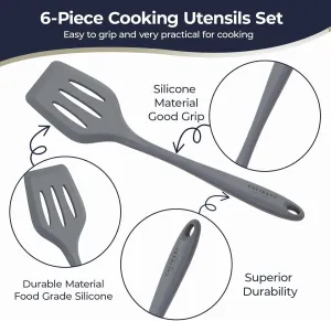 Culinary Couture Grey Silicone Kitchen Utensils Set of 6, Non-Stick Heat-Resistant Silicone Kitchen Utensils Set with Steel Inner Core