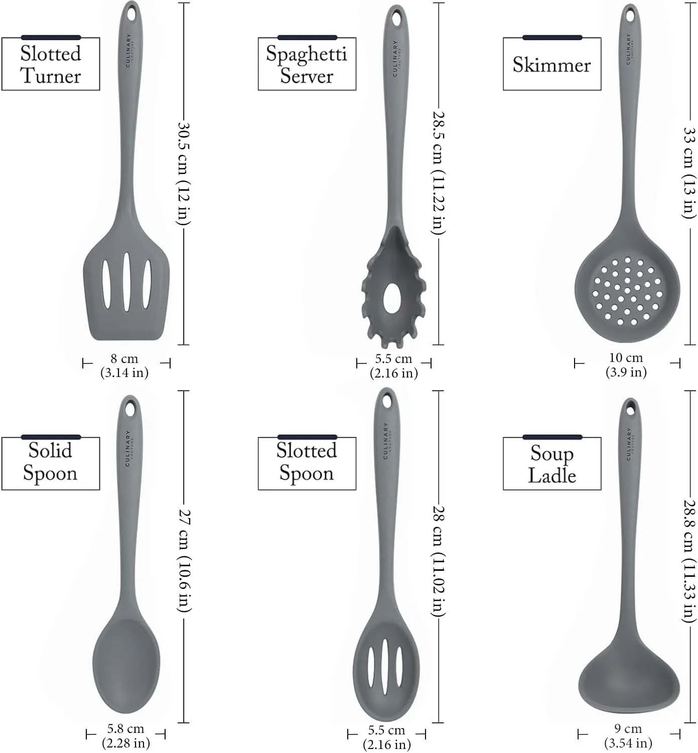Culinary Couture Grey Silicone Kitchen Utensils Set of 6, Non-Stick Heat-Resistant Silicone Kitchen Utensils Set with Steel Inner Core