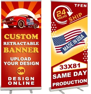 Custom Aluminum Retractable Banner (33" × 81"), Roll up Banners Personalized Pop up Banners Full Color Custom Signs with Stand and Portable Travel Case for Events, Trade Shows, Photo