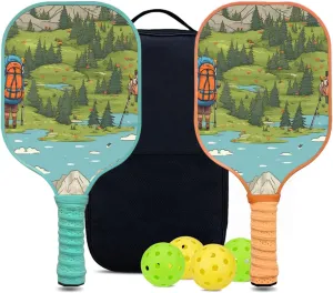 Custom Pickleball Paddles Set with 2 Pickleball Rackets 4 Pickle Balls 1 Carry Bag, Hiking-BJ130 Pattern, Carbon Fiber,Honeycomb Polymer Core & Comfort Grip