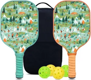 Custom Pickleball Paddles Set with 2 Pickleball Rackets 4 Pickle Balls 1 Carry Bag, Hiking-BJ132 Pattern, Carbon Fiber,Honeycomb Polymer Core & Comfort Grip