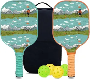 Custom Pickleball Paddles Set with 2 Pickleball Rackets 4 Pickle Balls 1 Carry Bag, Hiking-BJ135 Pattern, Carbon Fiber,Honeycomb Polymer Core & Comfort Grip