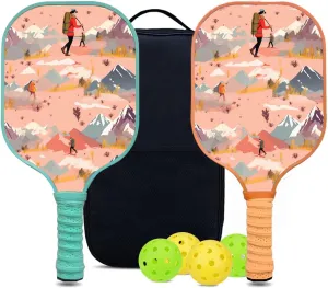 Custom Pickleball Paddles Set with 2 Pickleball Rackets 4 Pickle Balls 1 Carry Bag, Hiking-BJ136 Pattern, Carbon Fiber,Honeycomb Polymer Core & Comfort Grip