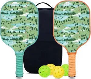 Custom Pickleball Paddles Set with 2 Pickleball Rackets 4 Pickle Balls 1 Carry Bag, Hiking-BJ140 Pattern, Carbon Fiber,Honeycomb Polymer Core & Comfort Grip