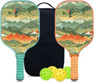 Custom Pickleball Paddles Set with 2 Pickleball Rackets 4 Pickle Balls 1 Carry Bag, Hiking-BJ141 Pattern, Carbon Fiber,Honeycomb Polymer Core & Comfort Grip