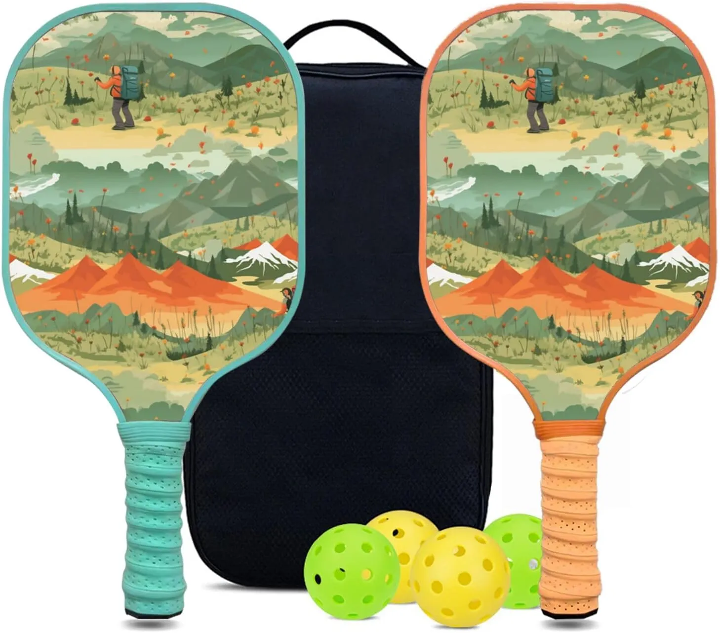 Custom Pickleball Paddles Set with 2 Pickleball Rackets 4 Pickle Balls 1 Carry Bag, Hiking-BJ141 Pattern, Carbon Fiber,Honeycomb Polymer Core & Comfort Grip