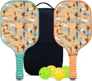 Custom Pickleball Paddles Set with 2 Pickleball Rackets 4 Pickle Balls 1 Carry Bag, Hiking-BJ142 Pattern, Carbon Fiber,Honeycomb Polymer Core & Comfort Grip