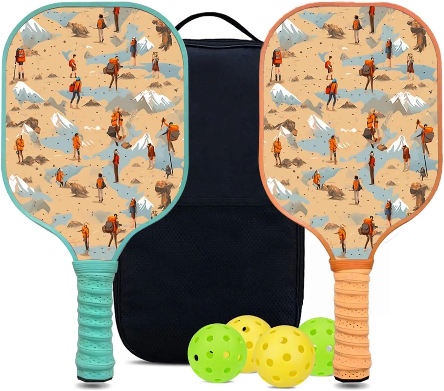 Custom Pickleball Paddles Set with 2 Pickleball Rackets 4 Pickle Balls 1 Carry Bag, Hiking-BJ142 Pattern, Carbon Fiber,Honeycomb Polymer Core & Comfort Grip
