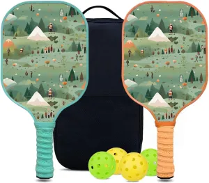 Custom Pickleball Paddles Set with 2 Pickleball Rackets 4 Pickle Balls 1 Carry Bag, Hiking-BJ161 Pattern, Carbon Fiber,Honeycomb Polymer Core & Comfort Grip