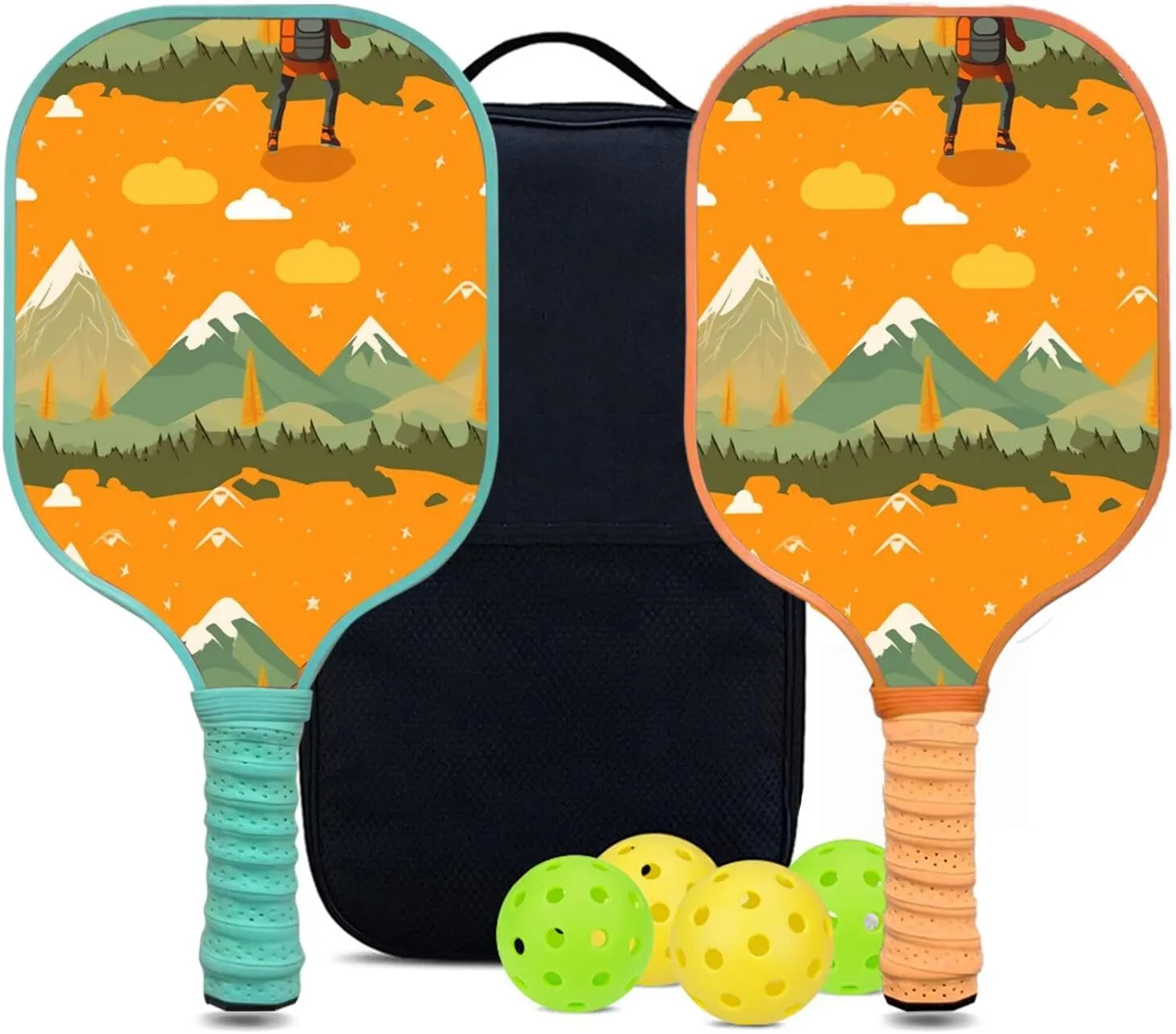 Custom Pickleball Paddles Set with 2 Pickleball Rackets 4 Pickle Balls 1 Carry Bag, Hiking-BJ166 Pattern, Carbon Fiber,Honeycomb Polymer Core & Comfort Grip