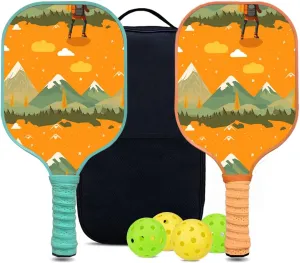 Custom Pickleball Paddles Set with 2 Pickleball Rackets 4 Pickle Balls 1 Carry Bag, Hiking-BJ166 Pattern, Carbon Fiber,Honeycomb Polymer Core & Comfort Grip