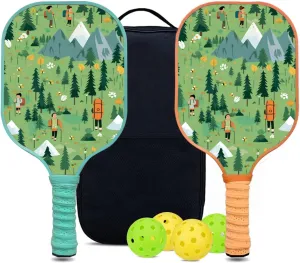 Custom Pickleball Paddles Set with 2 Pickleball Rackets 4 Pickle Balls 1 Carry Bag, Hiking-BJ170 Pattern, Carbon Fiber,Honeycomb Polymer Core & Comfort Grip