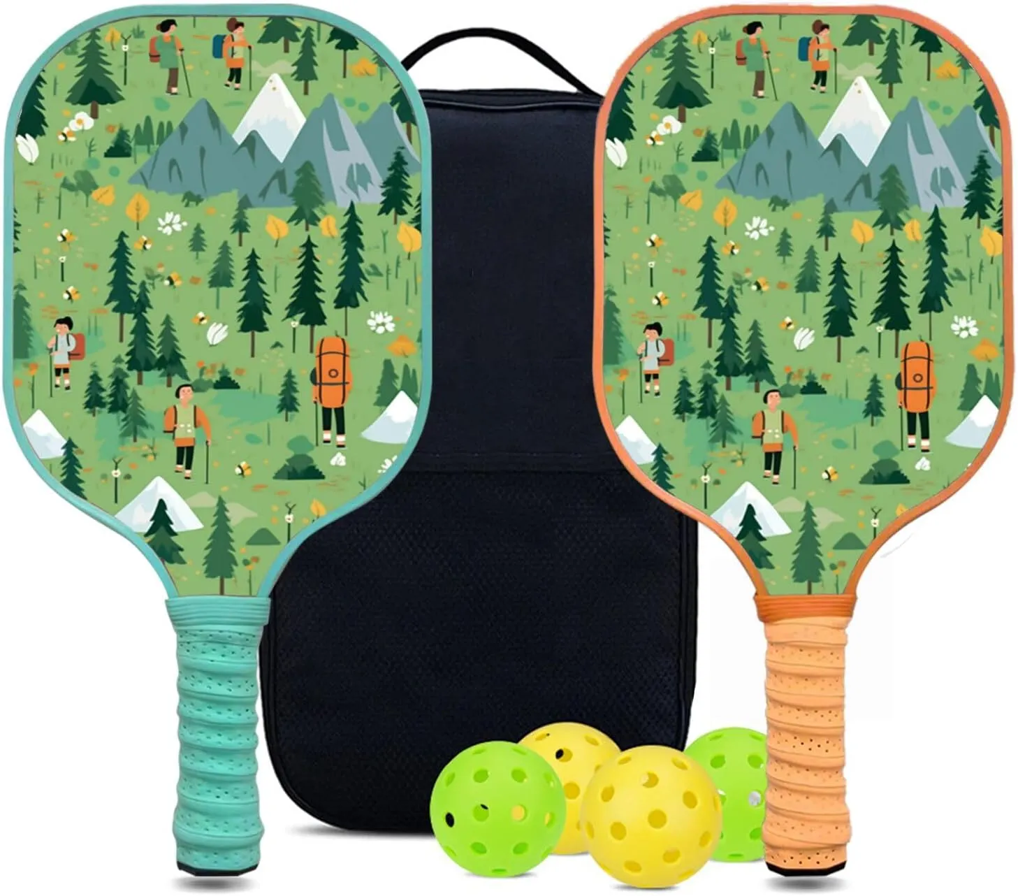 Custom Pickleball Paddles Set with 2 Pickleball Rackets 4 Pickle Balls 1 Carry Bag, Hiking-BJ170 Pattern, Carbon Fiber,Honeycomb Polymer Core & Comfort Grip