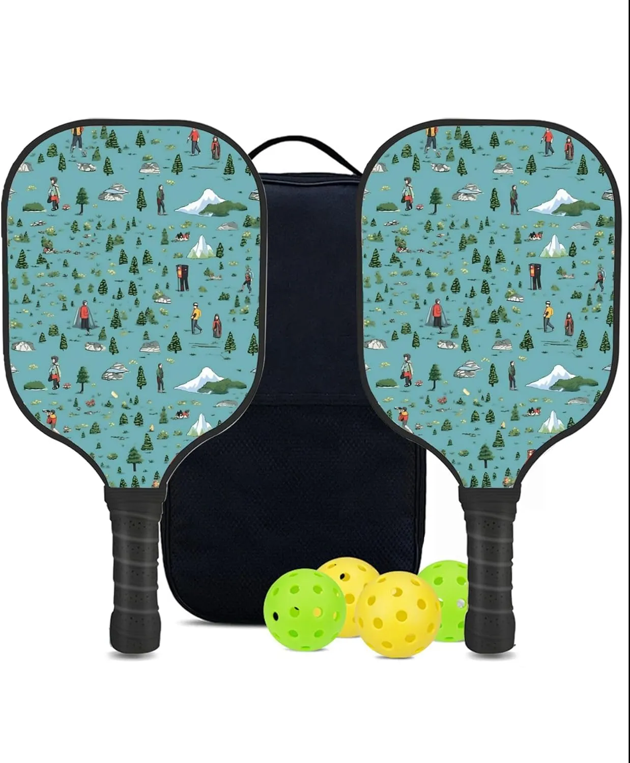 Custom Pickleball Paddles Set with 2 Pickleball Rackets 4 Pickle Balls 1 Carry Bag, Hiking-BJ177 Pattern, Carbon Fiber,Honeycomb Polymer Core & Comfort Grip
