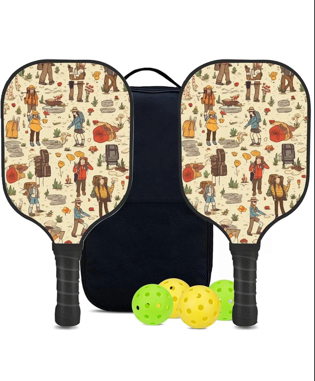 Custom Pickleball Paddles Set with 2 Pickleball Rackets 4 Pickle Balls 1 Carry Bag, Hiking-BJ198 Pattern, Carbon Fiber,Honeycomb Polymer Core & Comfort Grip