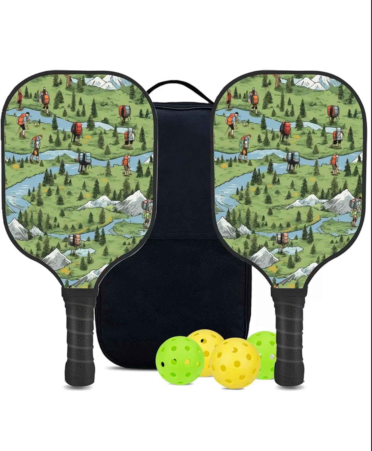 Custom Pickleball Paddles Set with 2 Pickleball Rackets 4 Pickle Balls 1 Carry Bag, Hiking-BJ209 Pattern, Carbon Fiber,Honeycomb Polymer Core & Comfort Grip