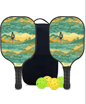 Custom Pickleball Paddles Set with 2 Pickleball Rackets 4 Pickle Balls 1 Carry Bag, Hiking-BJ241 Pattern, Carbon Fiber,Honeycomb Polymer Core & Comfort Grip