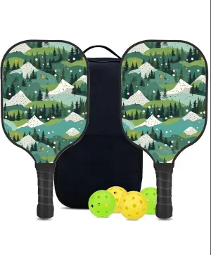 Custom Pickleball Paddles Set with 2 Pickleball Rackets 4 Pickle Balls 1 Carry Bag, Hiking-BJ242 Pattern, Carbon Fiber,Honeycomb Polymer Core & Comfort Grip
