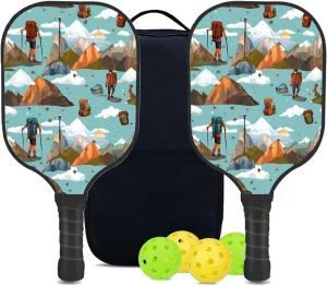 Custom Pickleball Paddles Set with 2 Pickleball Rackets 4 Pickle Balls 1 Carry Bag, Hiking-BJ299 Pattern, Carbon Fiber,Honeycomb Polymer Core & Comfort Grip