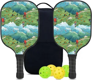 Custom Pickleball Paddles Set with 2 Pickleball Rackets 4 Pickle Balls 1 Carry Bag, Hiking-BJ304 Pattern, Carbon Fiber,Honeycomb Polymer Core & Comfort Grip