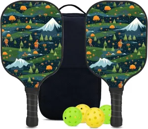 Custom Pickleball Paddles Set with 2 Pickleball Rackets 4 Pickle Balls 1 Carry Bag, Hiking-BJ313 Pattern, Carbon Fiber,Honeycomb Polymer Core & Comfort Grip