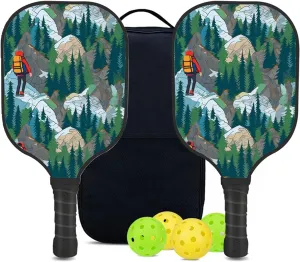 Custom Pickleball Paddles Set with 2 Pickleball Rackets 4 Pickle Balls 1 Carry Bag, Hiking-BJ347 Pattern, Carbon Fiber,Honeycomb Polymer Core & Comfort Grip