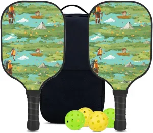 Custom Pickleball Paddles Set with 2 Pickleball Rackets 4 Pickle Balls 1 Carry Bag, Hiking-BJ380 Pattern, Carbon Fiber,Honeycomb Polymer Core & Comfort Grip