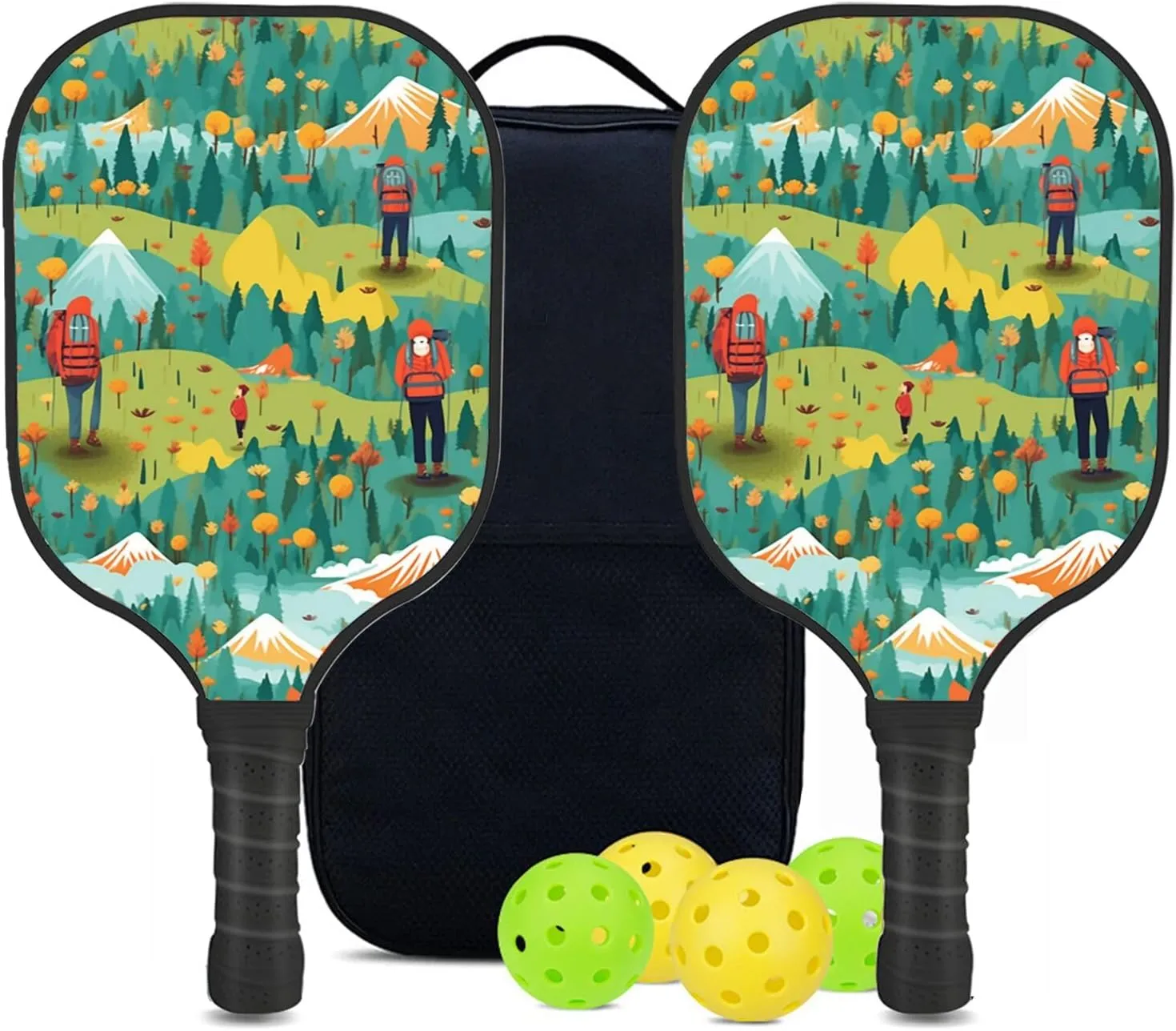 Custom Pickleball Paddles Set with 2 Pickleball Rackets 4 Pickle Balls 1 Carry Bag, Hiking-BJ389 Pattern, Carbon Fiber,Honeycomb Polymer Core & Comfort Grip