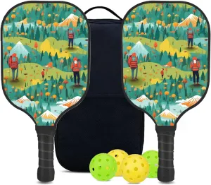 Custom Pickleball Paddles Set with 2 Pickleball Rackets 4 Pickle Balls 1 Carry Bag, Hiking-BJ389 Pattern, Carbon Fiber,Honeycomb Polymer Core & Comfort Grip