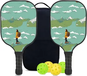 Custom Pickleball Paddles Set with 2 Pickleball Rackets 4 Pickle Balls 1 Carry Bag, Hiking-BJ392 Pattern, Carbon Fiber,Honeycomb Polymer Core & Comfort Grip