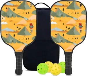 Custom Pickleball Paddles Set with 2 Pickleball Rackets 4 Pickle Balls 1 Carry Bag, Hiking-BJ395 Pattern, Carbon Fiber,Honeycomb Polymer Core & Comfort Grip