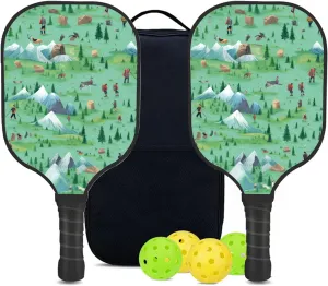 Custom Pickleball Paddles Set with 2 Pickleball Rackets 4 Pickle Balls 1 Carry Bag, Hiking-BJ396 Pattern, Carbon Fiber,Honeycomb Polymer Core & Comfort Grip