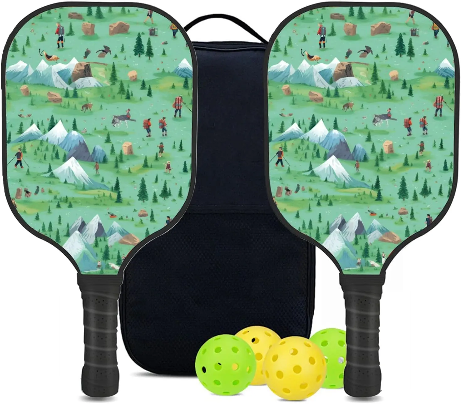 Custom Pickleball Paddles Set with 2 Pickleball Rackets 4 Pickle Balls 1 Carry Bag, Hiking-BJ396 Pattern, Carbon Fiber,Honeycomb Polymer Core & Comfort Grip
