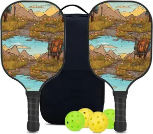 Custom Pickleball Paddles Set with 2 Pickleball Rackets 4 Pickle Balls 1 Carry Bag, Hiking-BJ397 Pattern, Carbon Fiber,Honeycomb Polymer Core & Comfort Grip