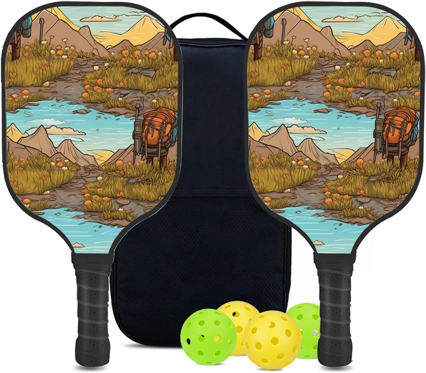 Custom Pickleball Paddles Set with 2 Pickleball Rackets 4 Pickle Balls 1 Carry Bag, Hiking-BJ397 Pattern, Carbon Fiber,Honeycomb Polymer Core & Comfort Grip