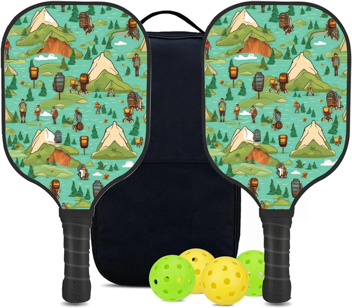 Custom Pickleball Paddles Set with 2 Pickleball Rackets 4 Pickle Balls 1 Carry Bag, Hiking-BJ404 Pattern, Carbon Fiber,Honeycomb Polymer Core & Comfort Grip