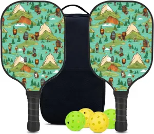 Custom Pickleball Paddles Set with 2 Pickleball Rackets 4 Pickle Balls 1 Carry Bag, Hiking-BJ404 Pattern, Carbon Fiber,Honeycomb Polymer Core & Comfort Grip