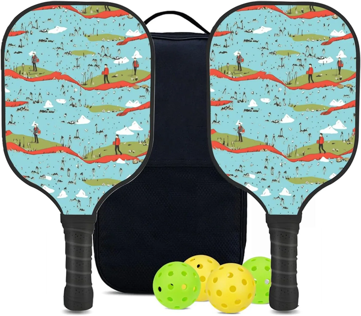 Custom Pickleball Paddles Set with 2 Pickleball Rackets 4 Pickle Balls 1 Carry Bag, Hiking-BJ406 Pattern, Carbon Fiber,Honeycomb Polymer Core & Comfort Grip