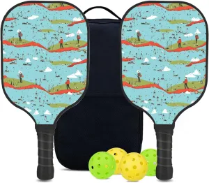 Custom Pickleball Paddles Set with 2 Pickleball Rackets 4 Pickle Balls 1 Carry Bag, Hiking-BJ406 Pattern, Carbon Fiber,Honeycomb Polymer Core & Comfort Grip