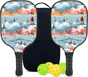 Custom Pickleball Paddles Set with 2 Pickleball Rackets 4 Pickle Balls 1 Carry Bag, Hiking-BJ419 Pattern, Carbon Fiber,Honeycomb Polymer Core & Comfort Grip