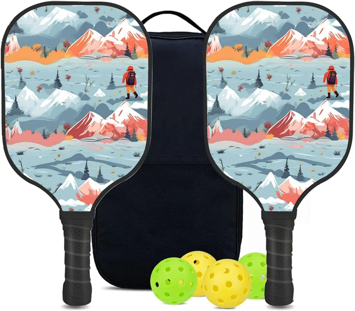 Custom Pickleball Paddles Set with 2 Pickleball Rackets 4 Pickle Balls 1 Carry Bag, Hiking-BJ419 Pattern, Carbon Fiber,Honeycomb Polymer Core & Comfort Grip