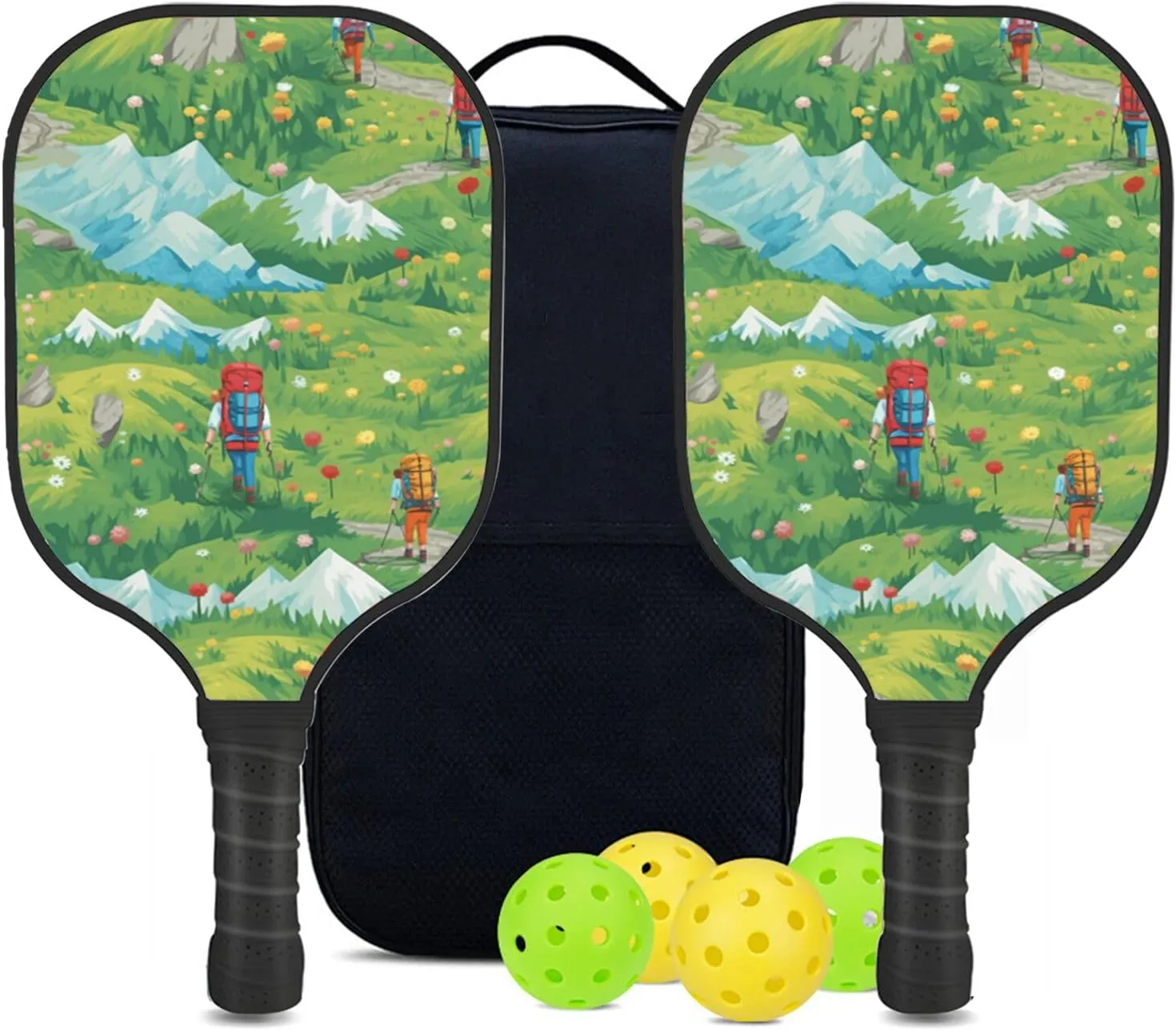 Custom Pickleball Paddles Set with 2 Pickleball Rackets 4 Pickle Balls 1 Carry Bag, Hiking-BJ428 Pattern, Carbon Fiber,Honeycomb Polymer Core & Comfort Grip