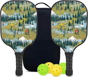 Custom Pickleball Paddles Set with 2 Pickleball Rackets 4 Pickle Balls 1 Carry Bag, Hiking-BJ440 Pattern, Carbon Fiber,Honeycomb Polymer Core & Comfort Grip