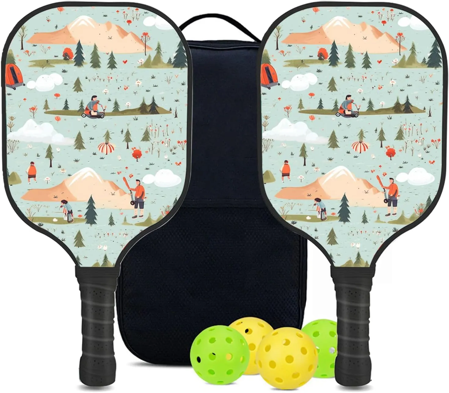 Custom Pickleball Paddles Set with 2 Pickleball Rackets 4 Pickle Balls 1 Carry Bag, Hiking-BJ448 Pattern, Carbon Fiber,Honeycomb Polymer Core & Comfort Grip