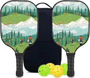 Custom Pickleball Paddles Set with 2 Pickleball Rackets 4 Pickle Balls 1 Carry Bag, Hiking-BJ456 Pattern, Carbon Fiber,Honeycomb Polymer Core & Comfort Grip