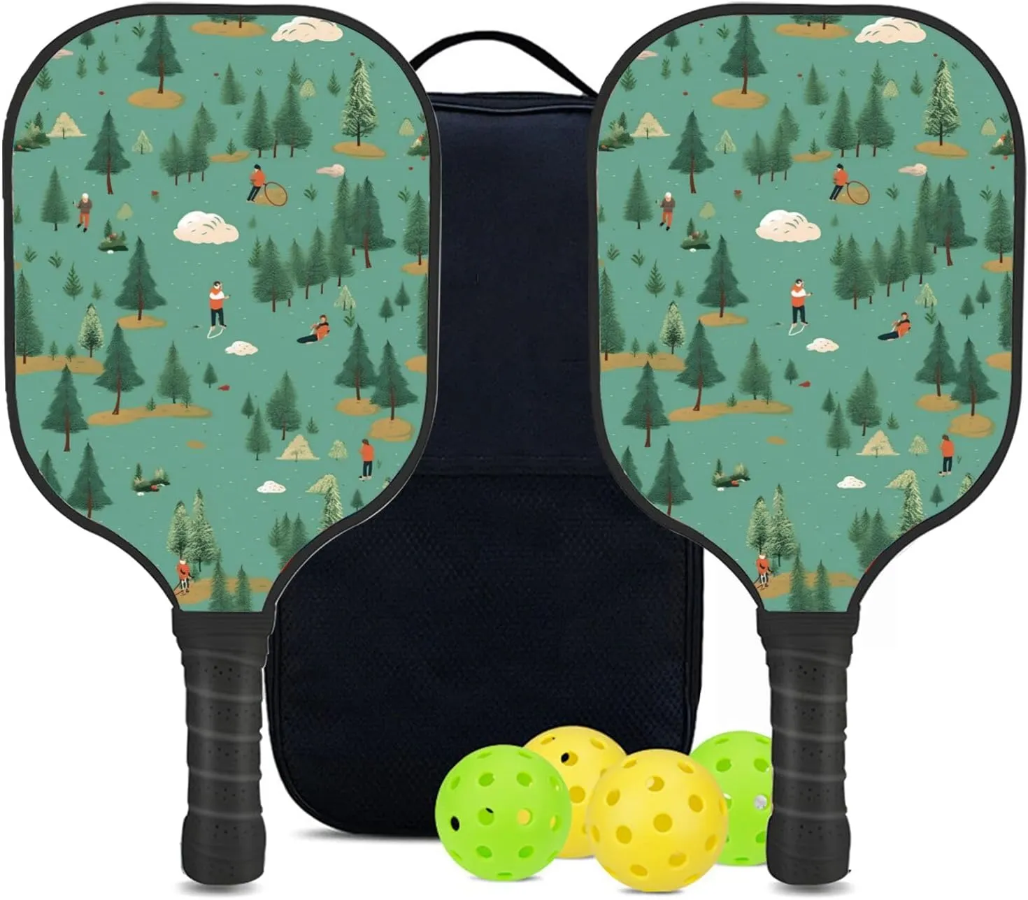 Custom Pickleball Paddles Set with 2 Pickleball Rackets 4 Pickle Balls 1 Carry Bag, Hiking-BJ465 Pattern, Carbon Fiber,Honeycomb Polymer Core & Comfort Grip