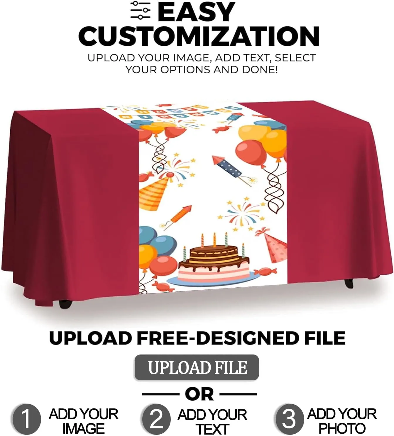 Custom Table Runner 13"x72" with Business Logo DIY Personalized Table Cloth with Logo or Your Text for Party birthdayTradeshow Events, Wedding, Christmas Decor